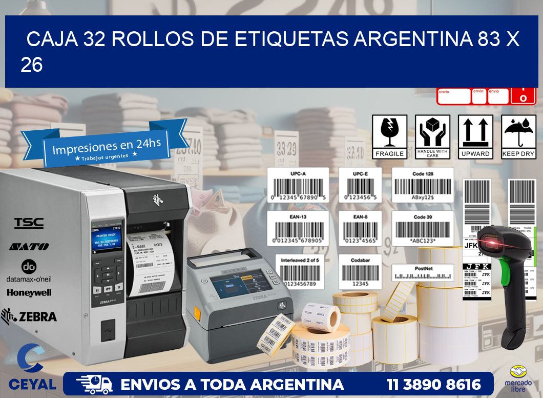 CAJA 32 ROLLOS DE ETIQUETAS ARGENTINA 83 x 26