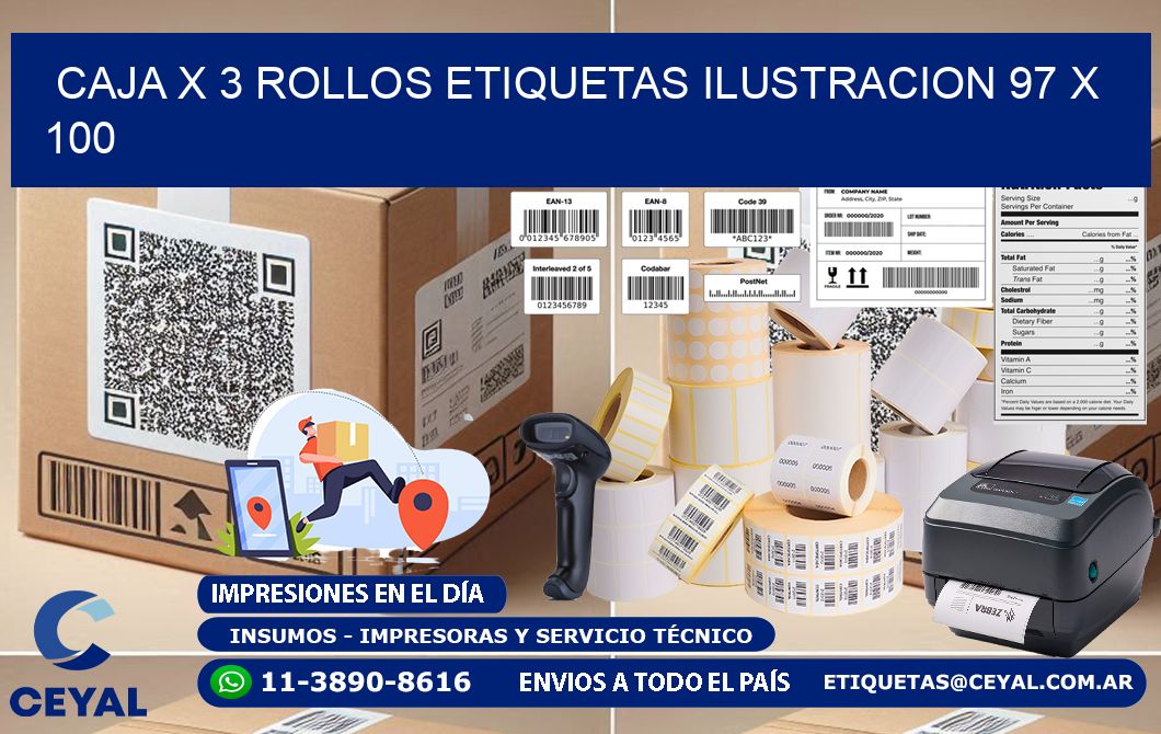 Caja X 3 Rollos Etiquetas Ilustracion 97 x 100
