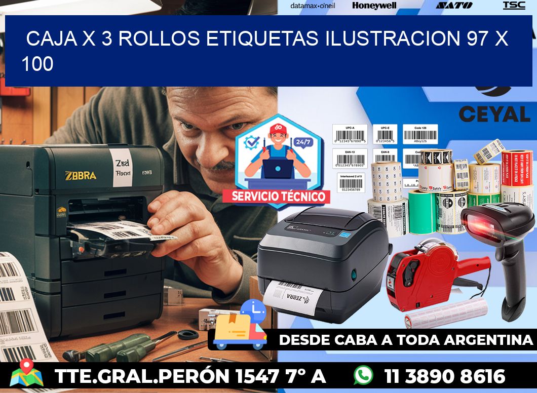 Caja X 3 Rollos Etiquetas Ilustracion 97 x 100