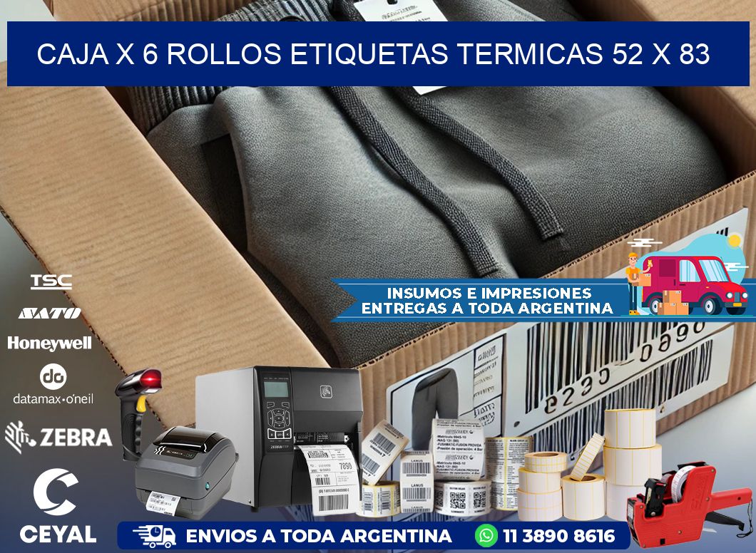 Caja X 6 Rollos Etiquetas termicas 52 x 83