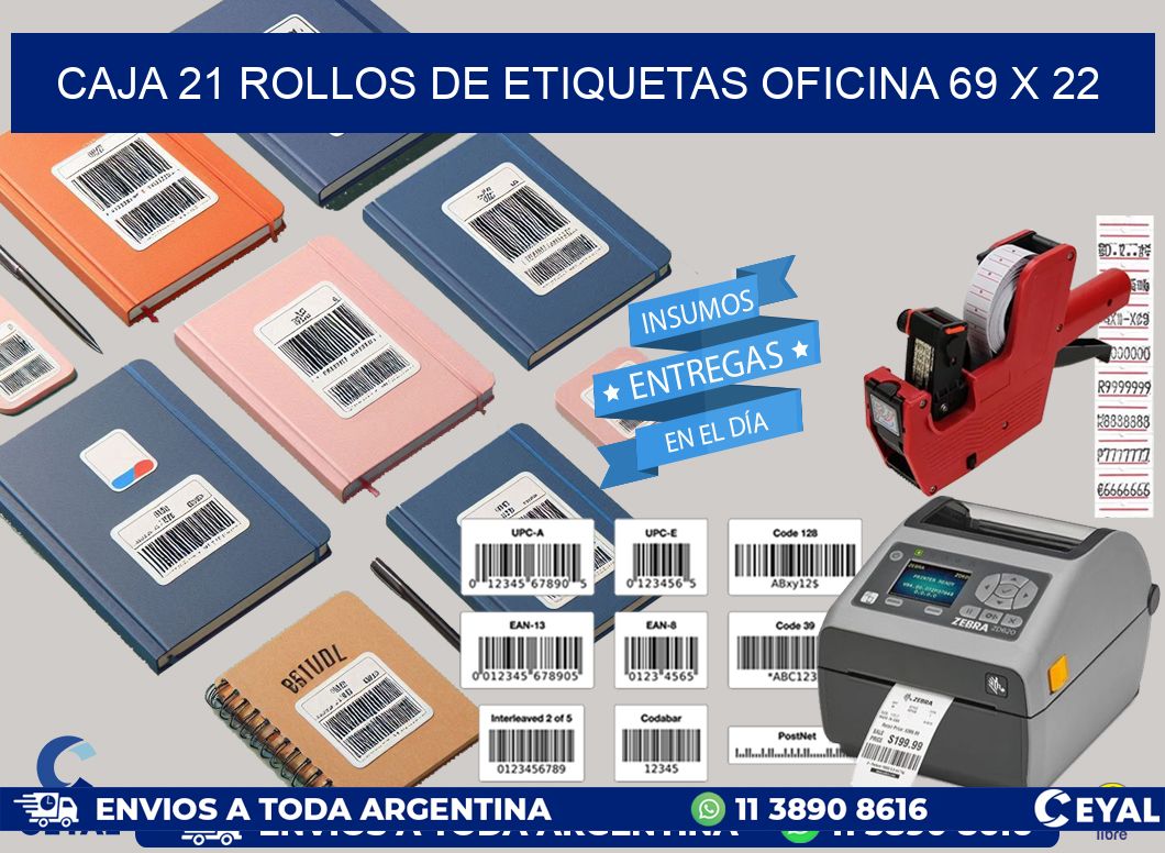 CAJA 21 ROLLOS DE ETIQUETAS OFICINA 69 x 22