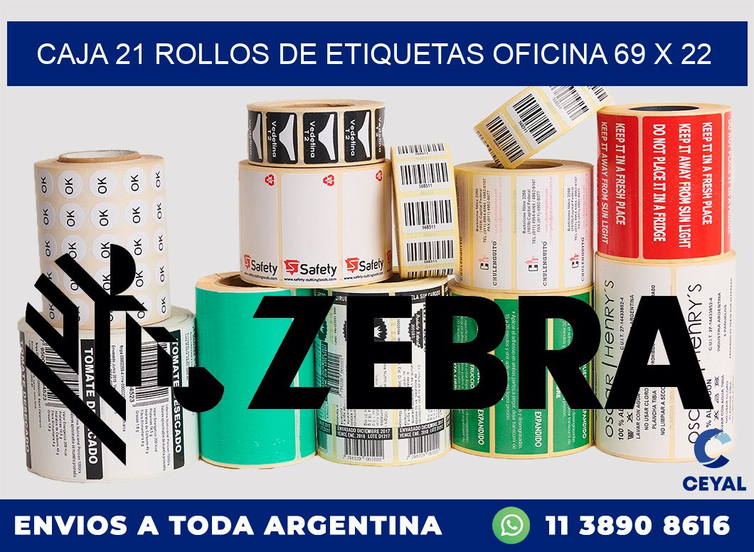 CAJA 21 ROLLOS DE ETIQUETAS OFICINA 69 x 22