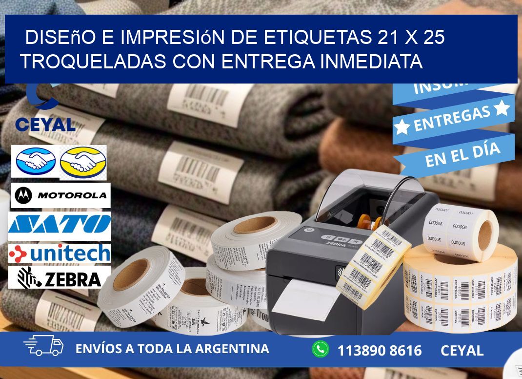 Diseño e impresión de etiquetas 21 x 25 troqueladas con entrega inmediata
