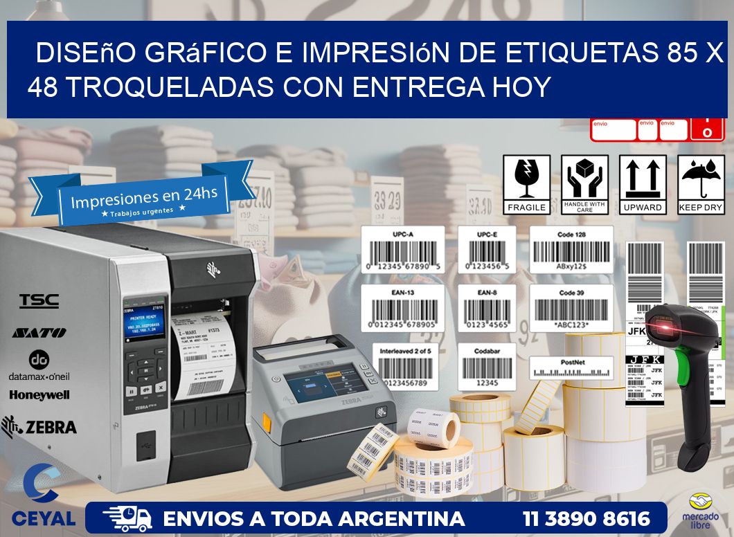 Diseño gráfico e impresión de etiquetas 85 x 48 troqueladas con entrega hoy