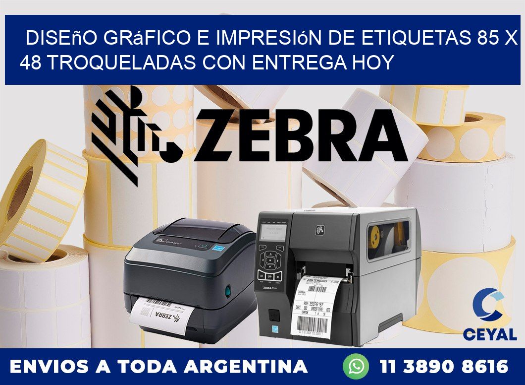 Diseño gráfico e impresión de etiquetas 85 x 48 troqueladas con entrega hoy