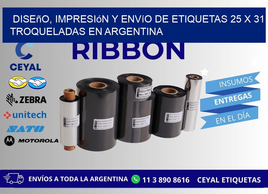 Diseño, impresión y envío de etiquetas 25 x 31 troqueladas en Argentina