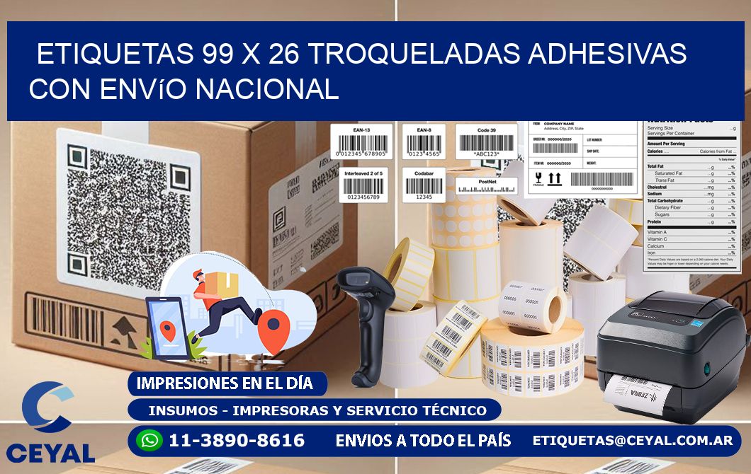 Etiquetas 99 x 26 troqueladas adhesivas con envío nacional