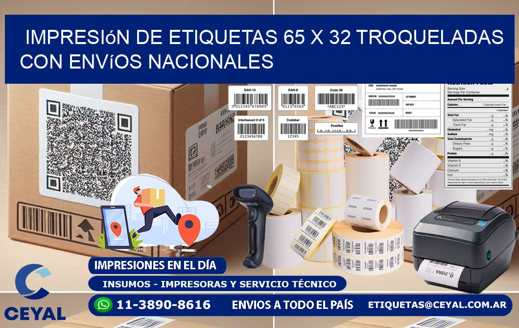 Impresión de etiquetas 65 x 32 troqueladas con envíos nacionales