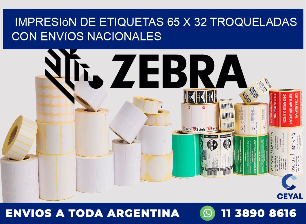 Impresión de etiquetas 65 x 32 troqueladas con envíos nacionales