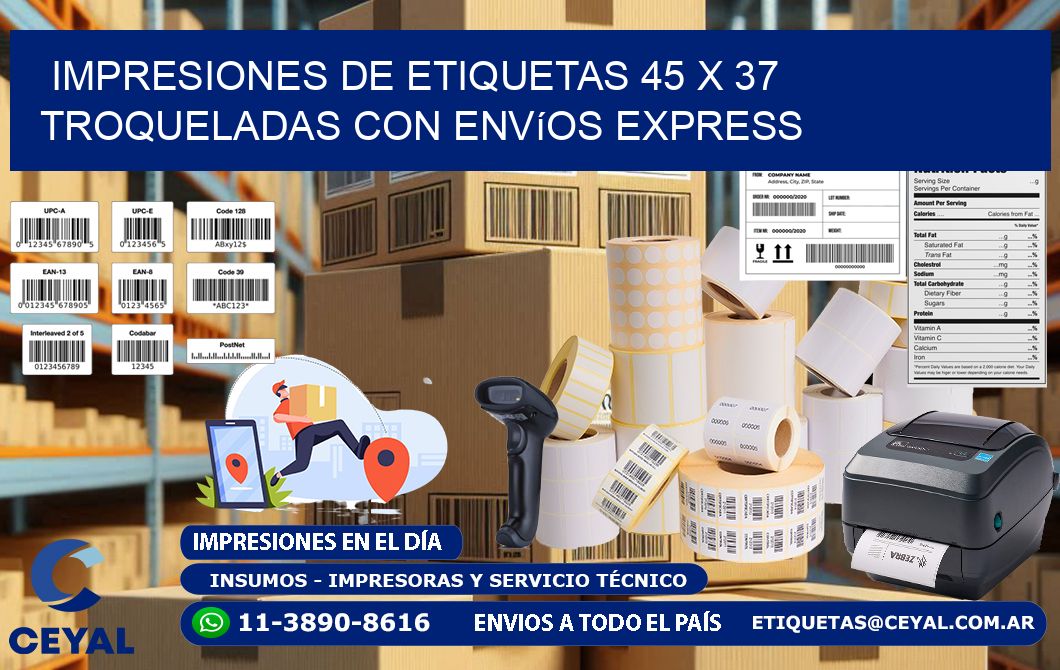 Impresiones de etiquetas 45 x 37 troqueladas con envíos express