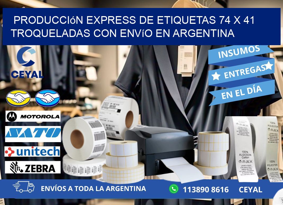 Producción express de etiquetas 74 x 41 troqueladas con envío en Argentina