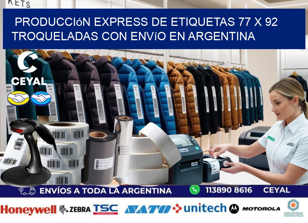 Producción express de etiquetas 77 x 92 troqueladas con envío en Argentina
