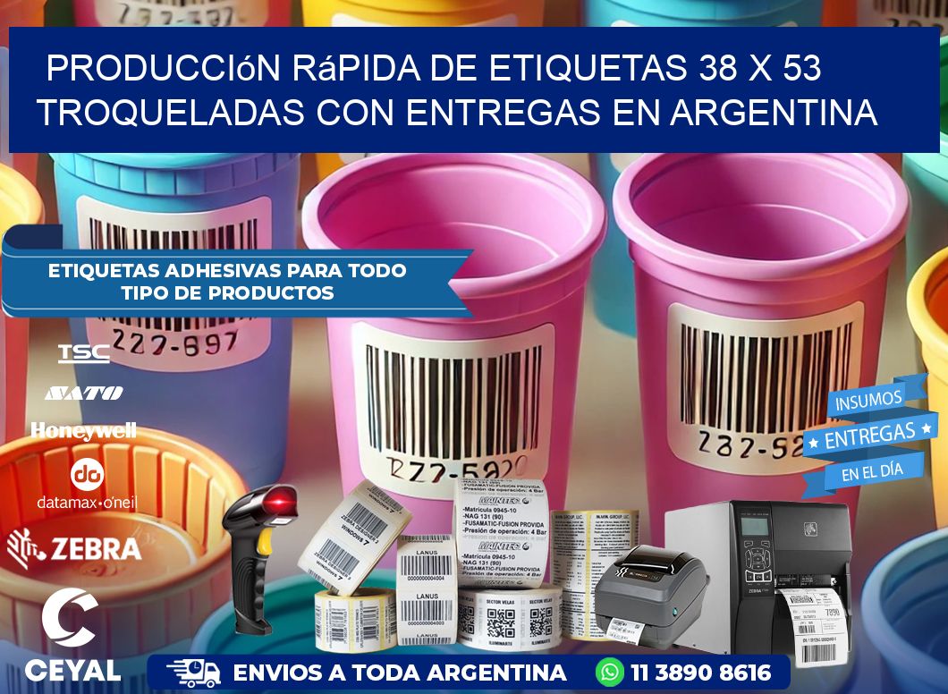 Producción rápida de etiquetas 38 x 53 troqueladas con entregas en Argentina