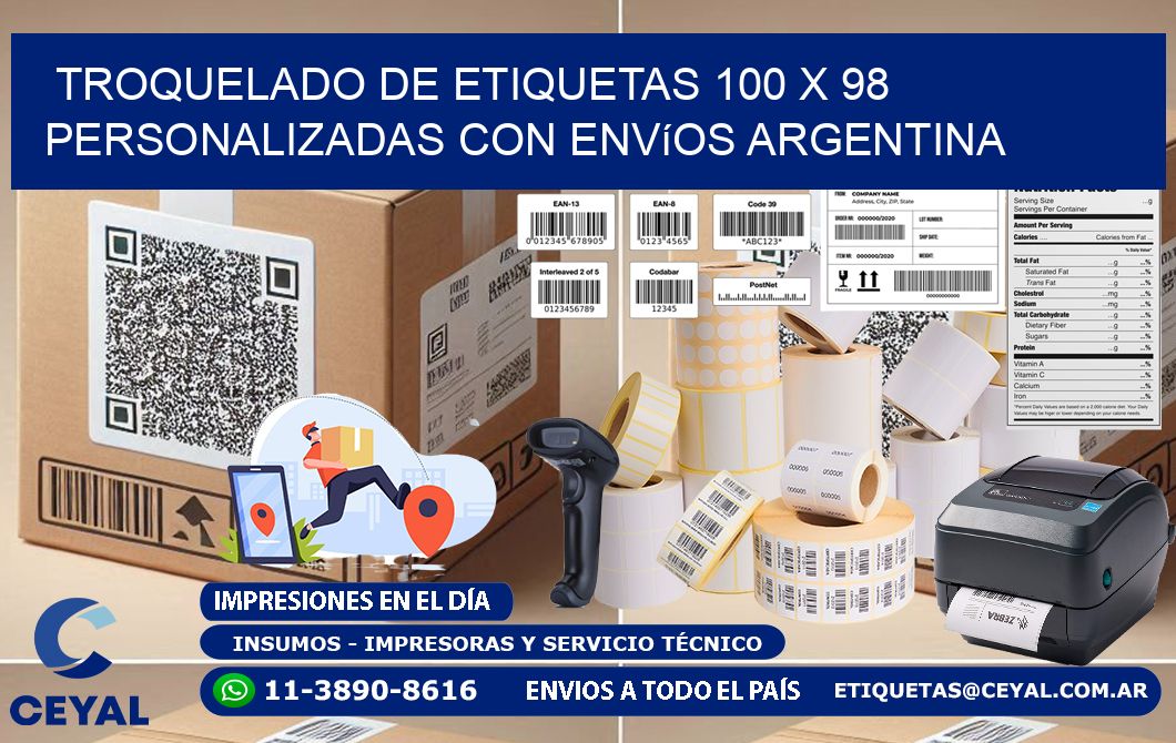 Troquelado de etiquetas 100 x 98 personalizadas con envíos Argentina