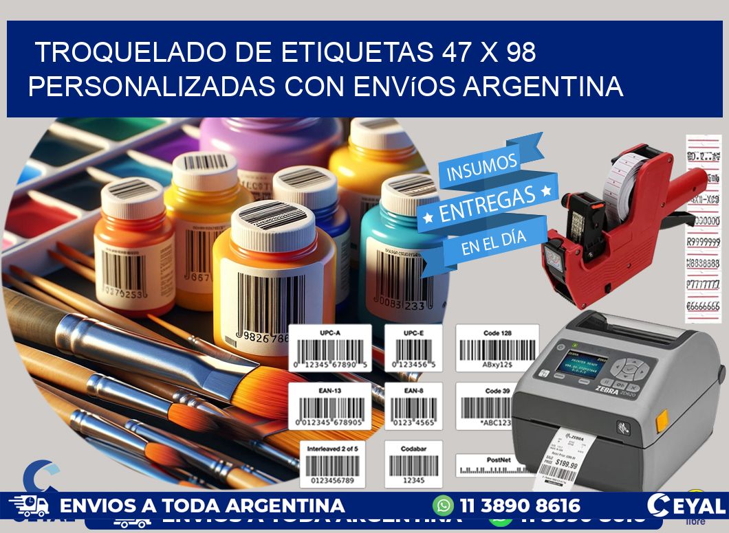 Troquelado de etiquetas 47 x 98 personalizadas con envíos Argentina