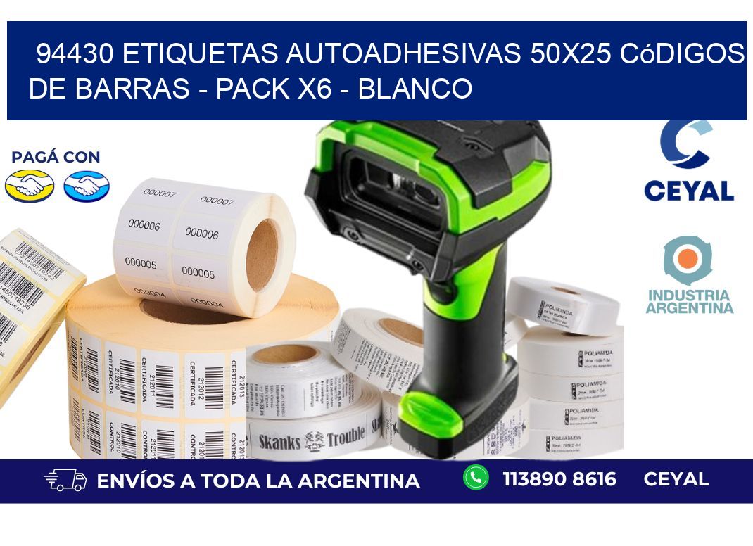 94430 Etiquetas Autoadhesivas 50x25 Códigos De Barras - Pack X6 - Blanco