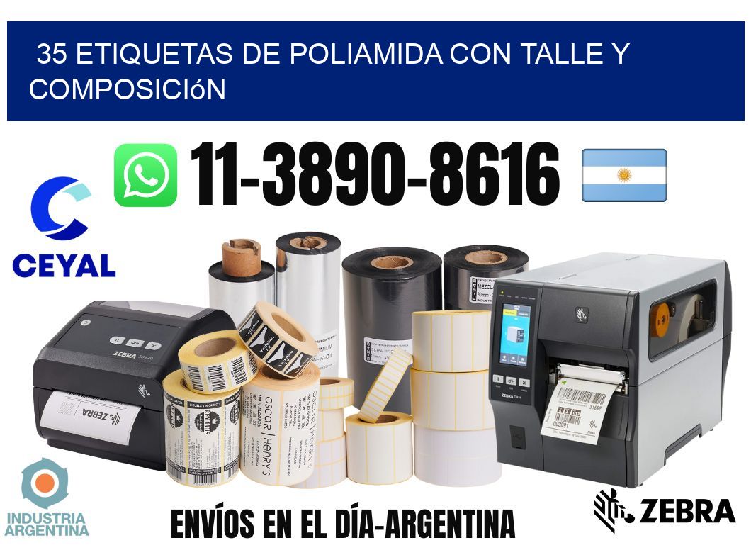 35 Etiquetas de poliamida con talle y composición