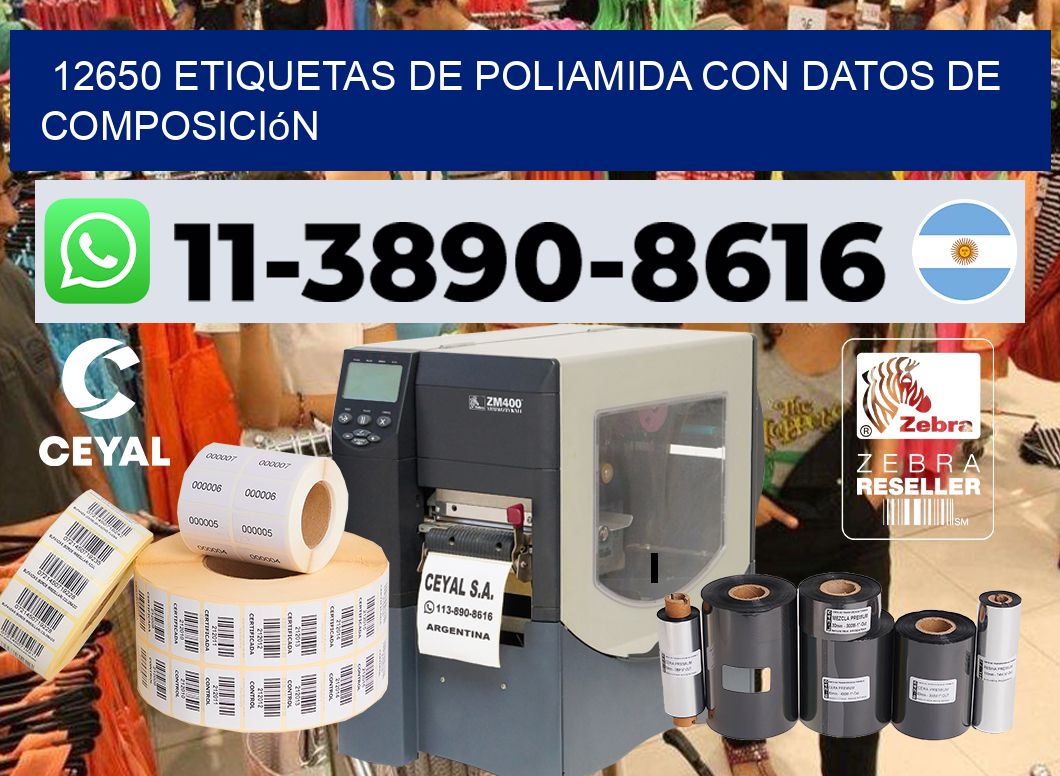 12650 Etiquetas de poliamida con datos de composición