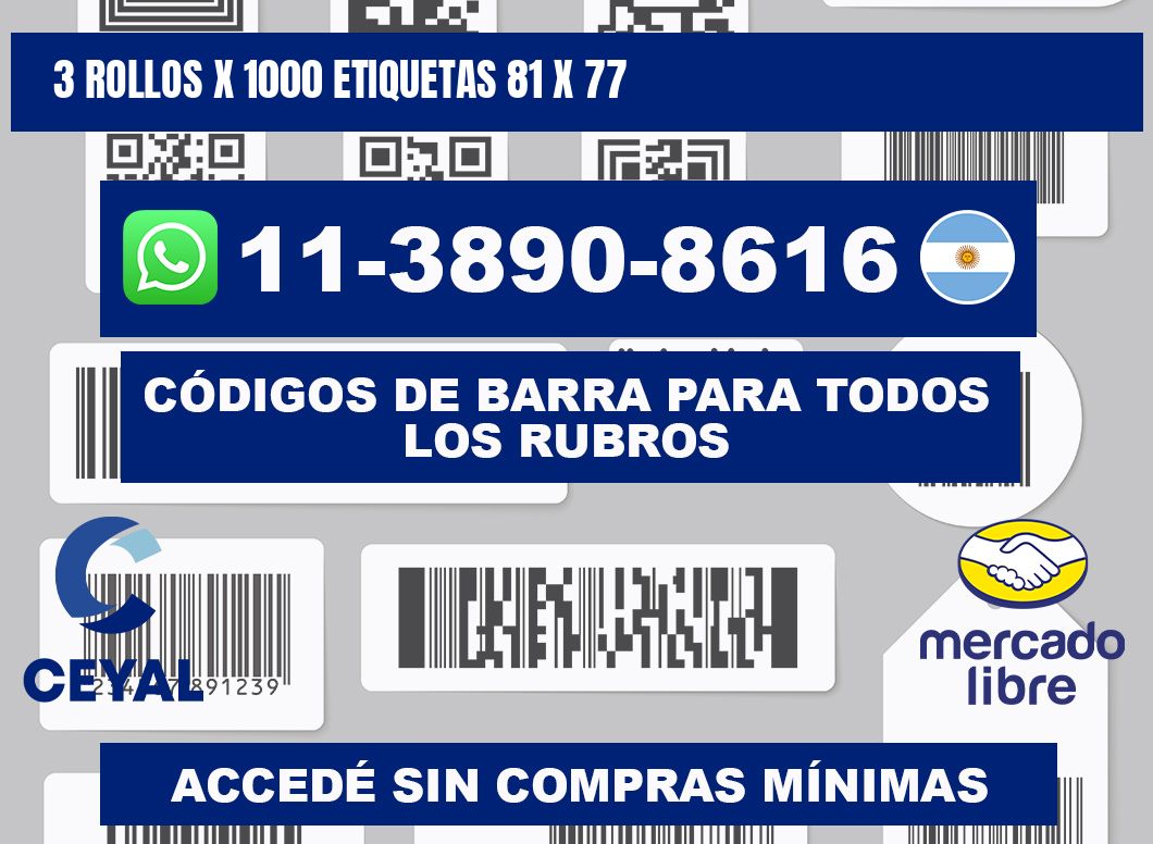 3 rollos x 1000 etiquetas 81 x 77