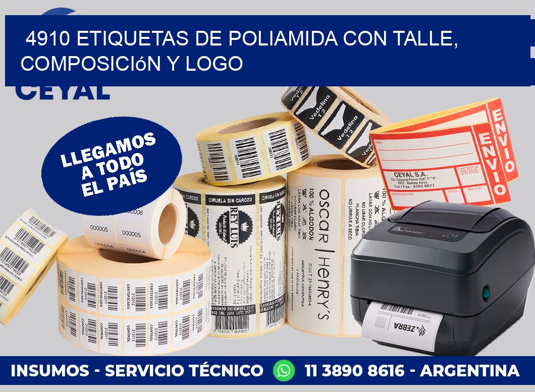 4910 Etiquetas de poliamida con talle, composición y logo