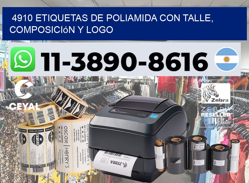 4910 Etiquetas de poliamida con talle, composición y logo