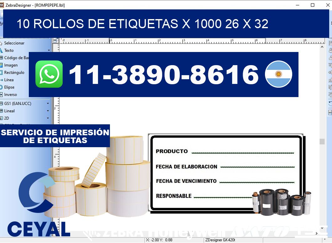 10 rollos de etiquetas x 1000 26 x 32