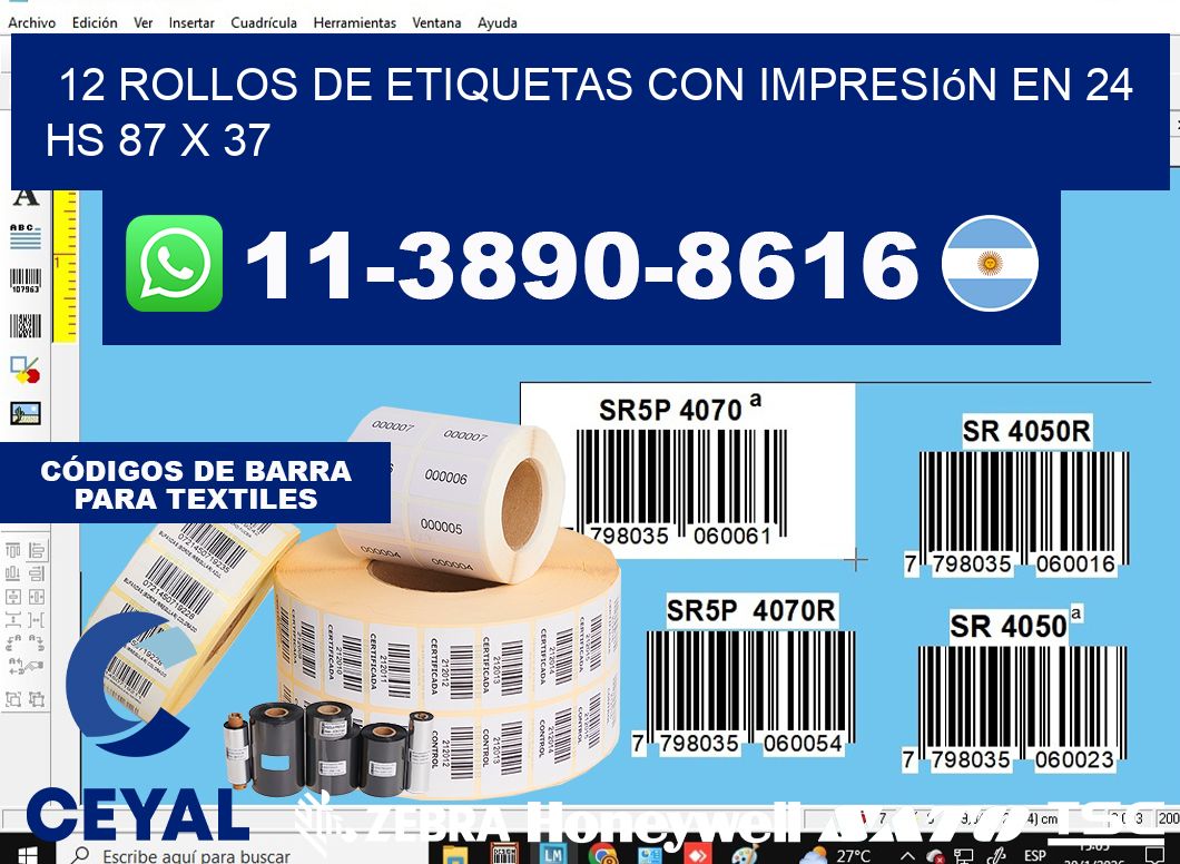 12 rollos de etiquetas con impresión en 24 hs 87 x 37
