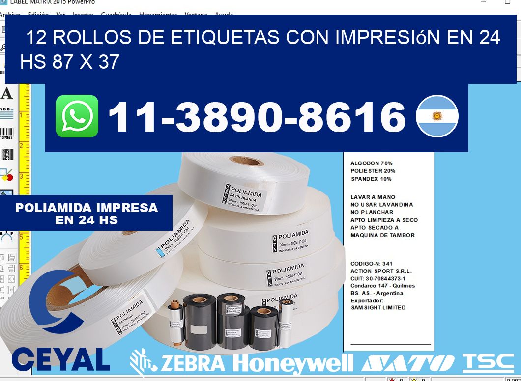 12 rollos de etiquetas con impresión en 24 hs 87 x 37