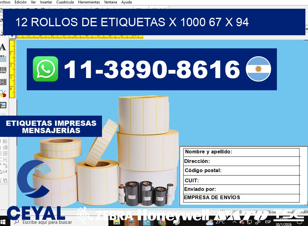 12 rollos de etiquetas x 1000 67 x 94