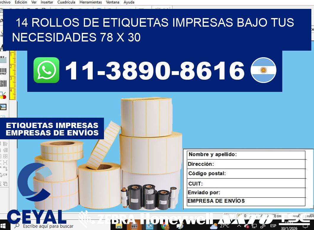 14 rollos de etiquetas impresas bajo tus necesidades 78 x 30