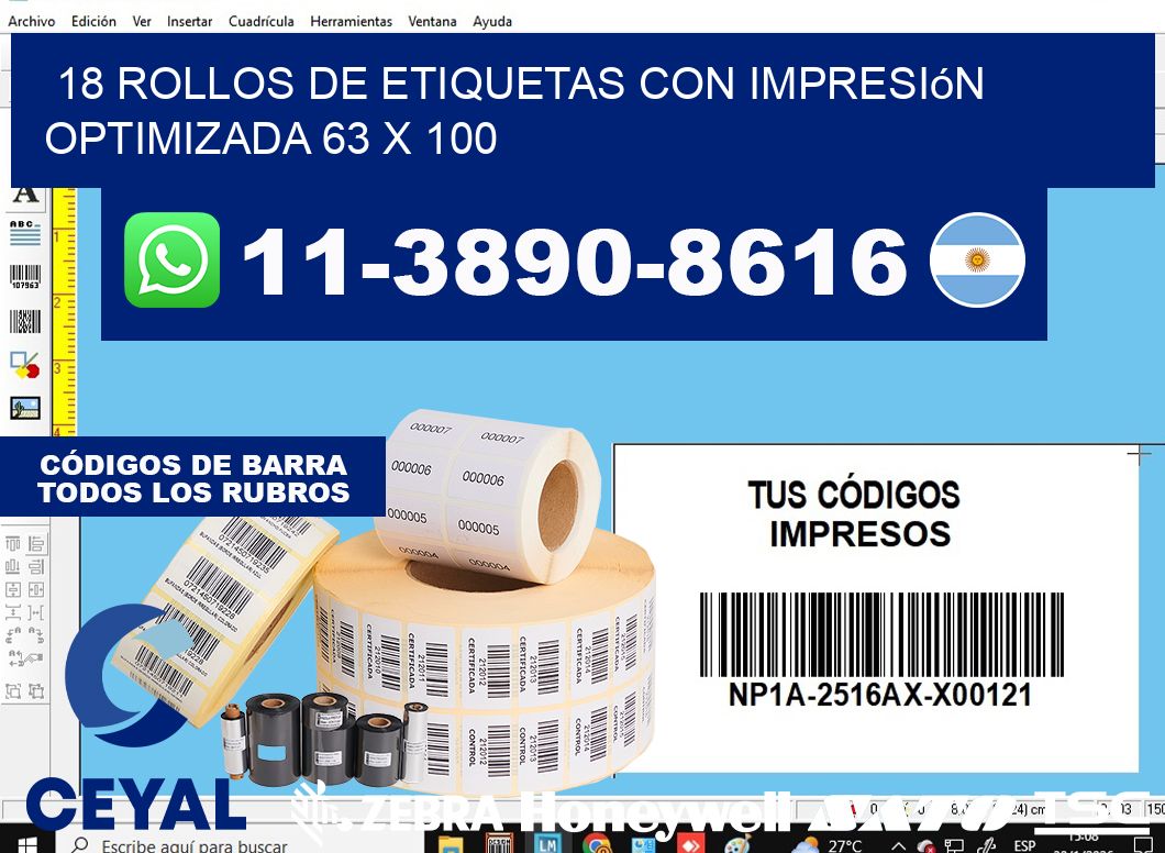 18 rollos de etiquetas con impresión optimizada 63 x 100
