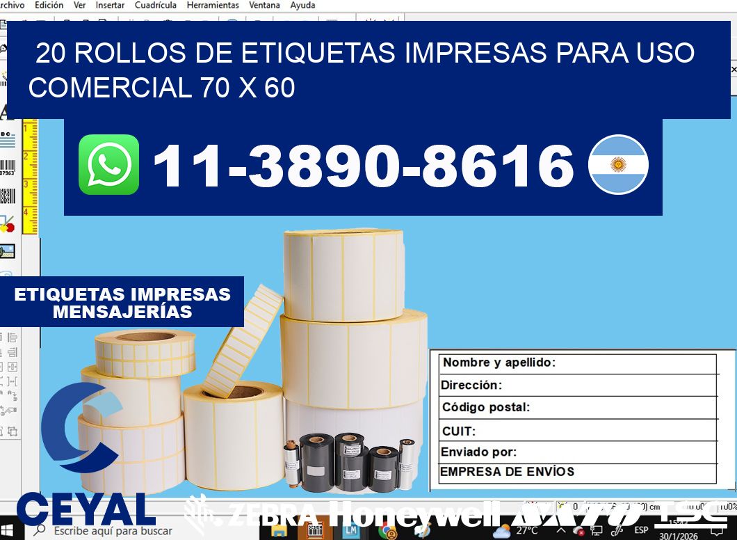 20 rollos de etiquetas impresas para uso comercial 70 x 60