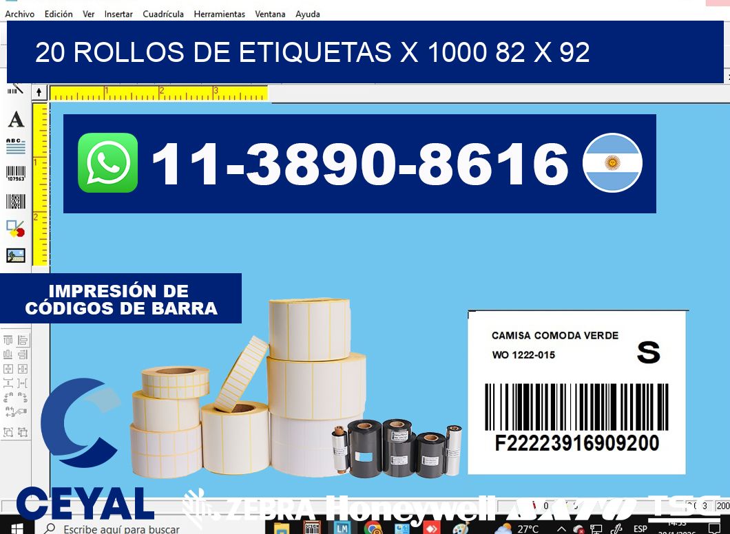 20 rollos de etiquetas x 1000 82 x 92