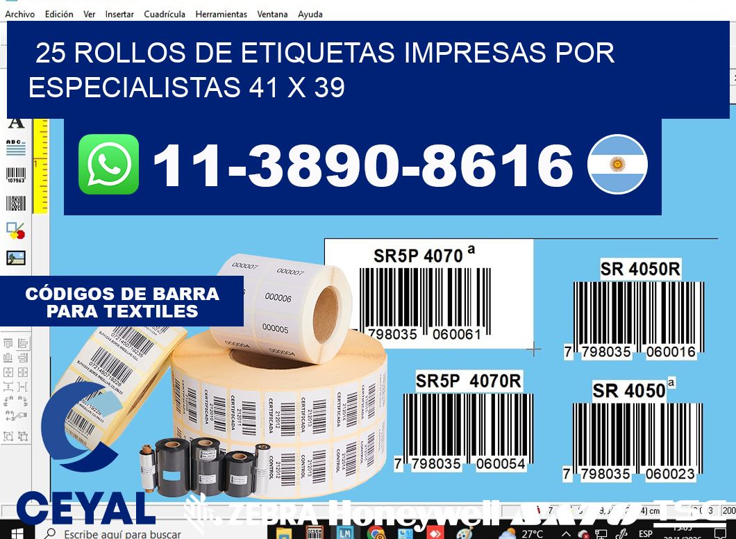 25 rollos de etiquetas impresas por especialistas 41 x 39