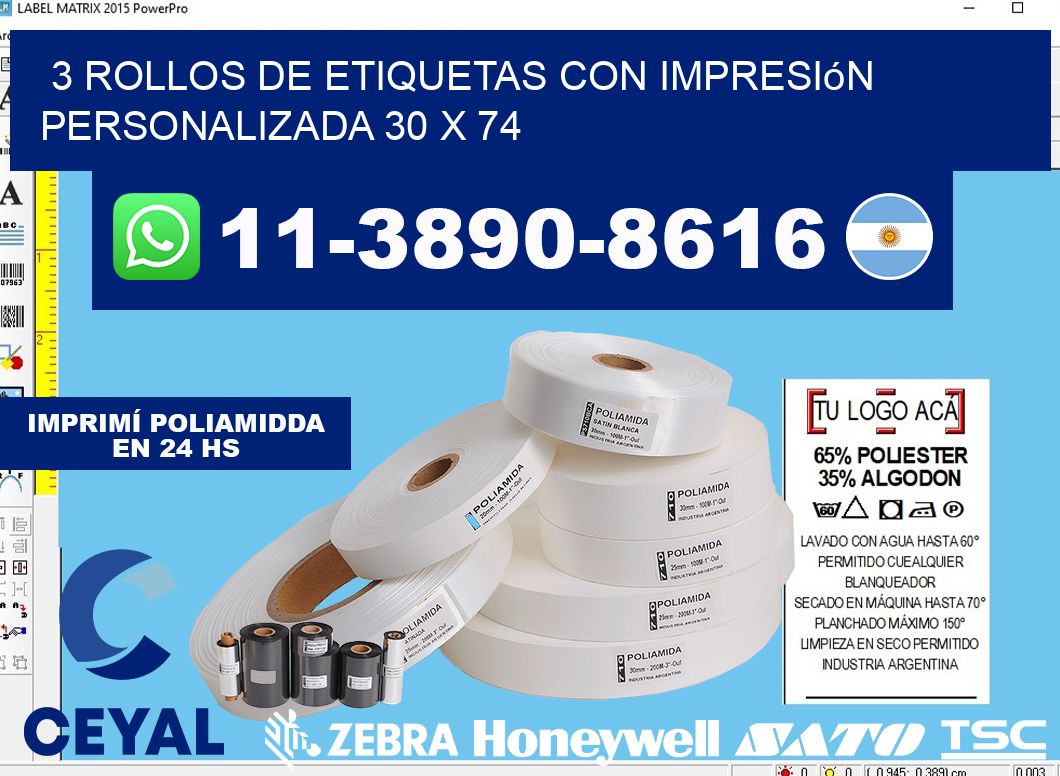 3 rollos de etiquetas con impresión personalizada 30 x 74