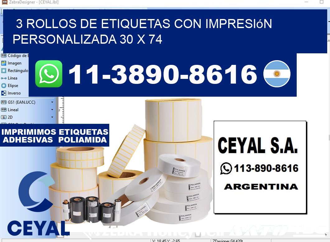 3 rollos de etiquetas con impresión personalizada 30 x 74