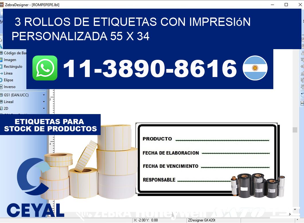 3 rollos de etiquetas con impresión personalizada 55 x 34