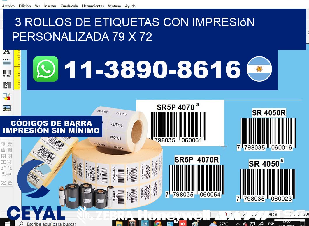 3 rollos de etiquetas con impresión personalizada 79 x 72