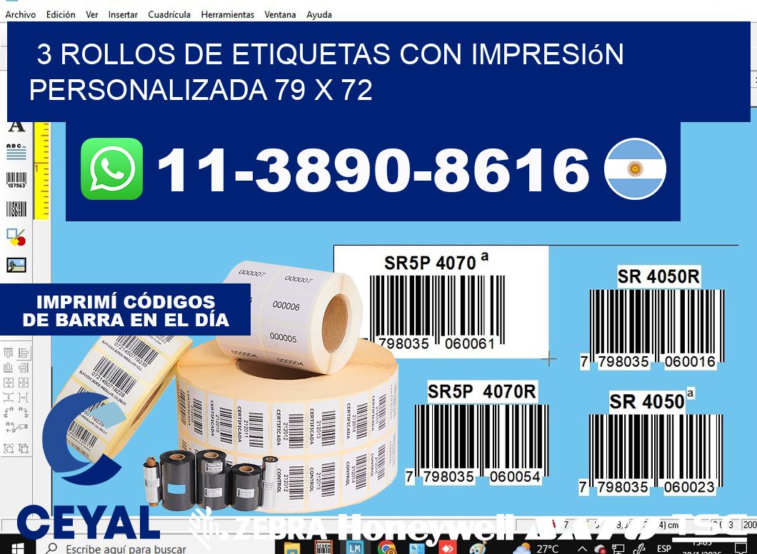 3 rollos de etiquetas con impresión personalizada 79 x 72
