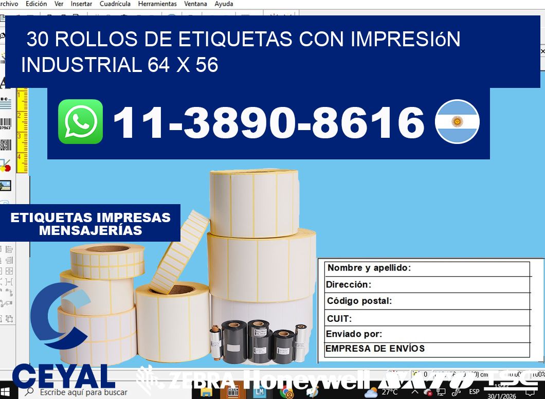 30 rollos de etiquetas con impresión industrial 64 x 56