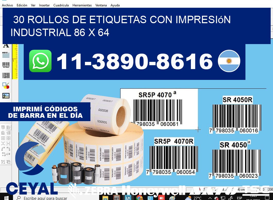 30 rollos de etiquetas con impresión industrial 86 x 64