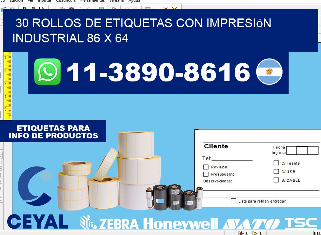 30 rollos de etiquetas con impresión industrial 86 x 64