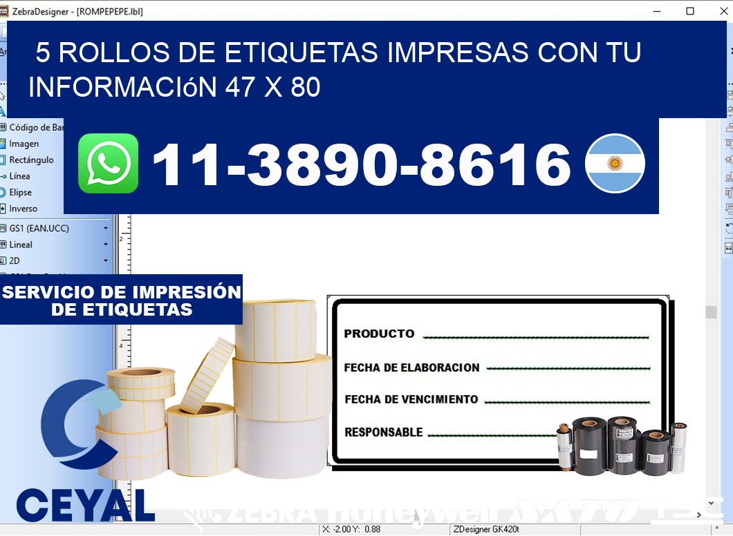 5 rollos de etiquetas impresas con tu información 47 x 80