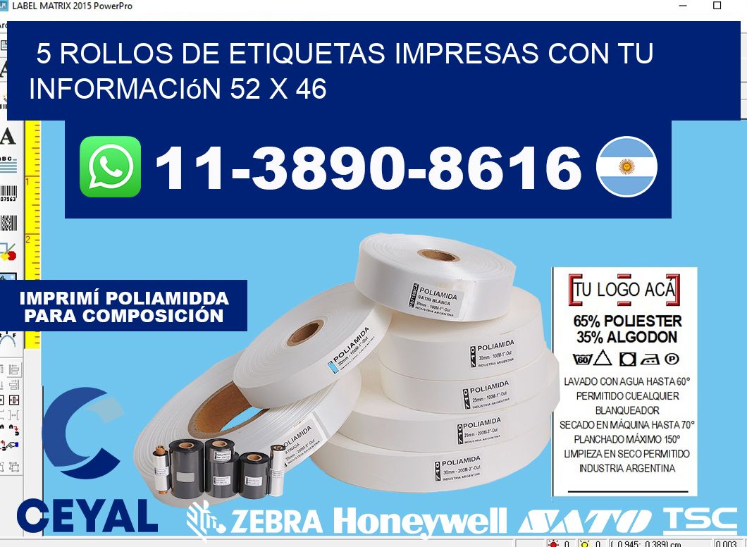 5 rollos de etiquetas impresas con tu información 52 x 46