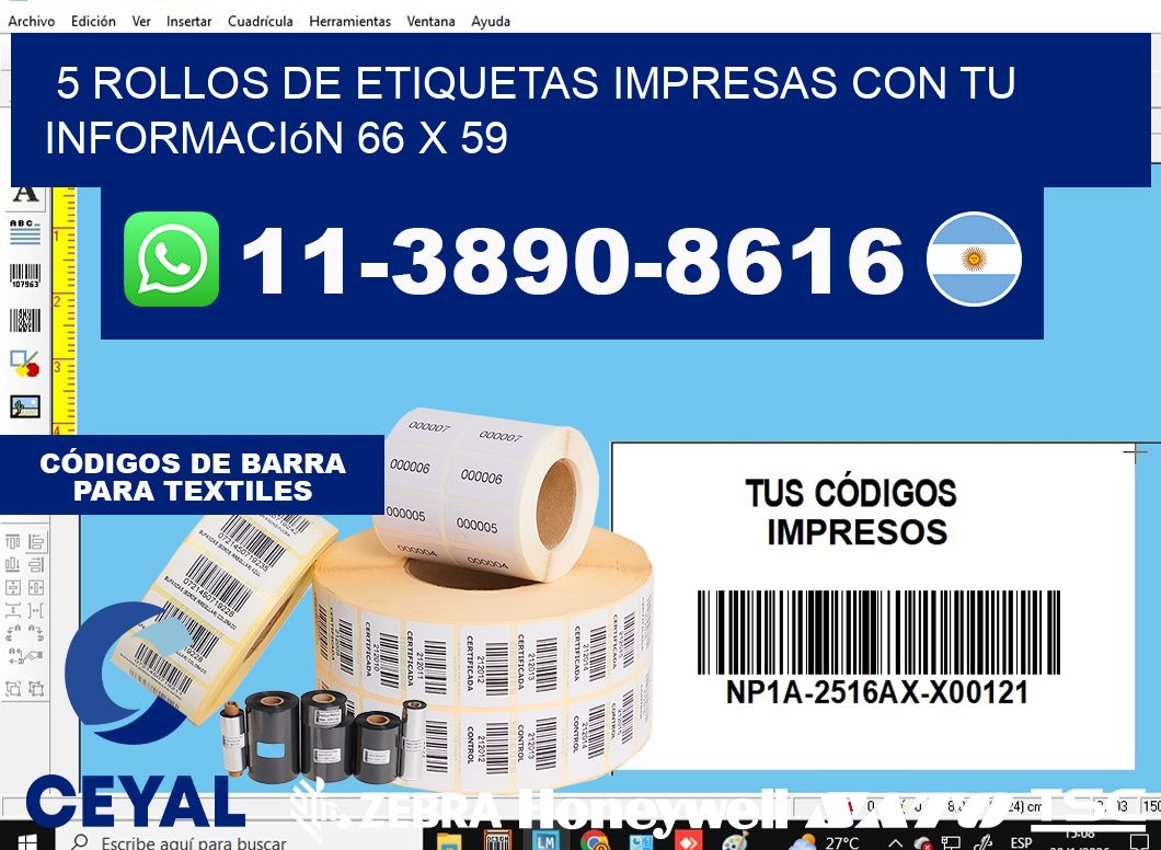 5 rollos de etiquetas impresas con tu información 66 x 59