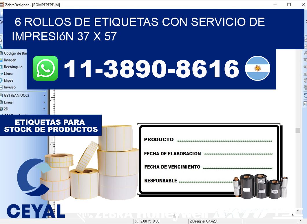 6 rollos de etiquetas con servicio de impresión 37 x 57