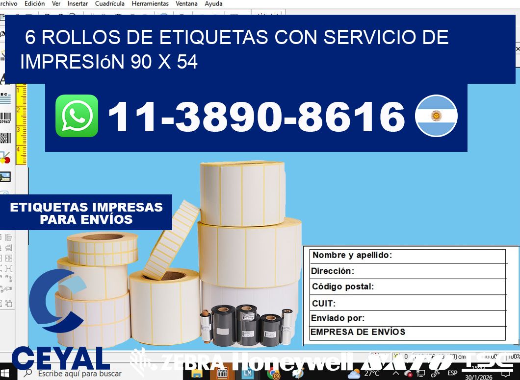 6 rollos de etiquetas con servicio de impresión 90 x 54