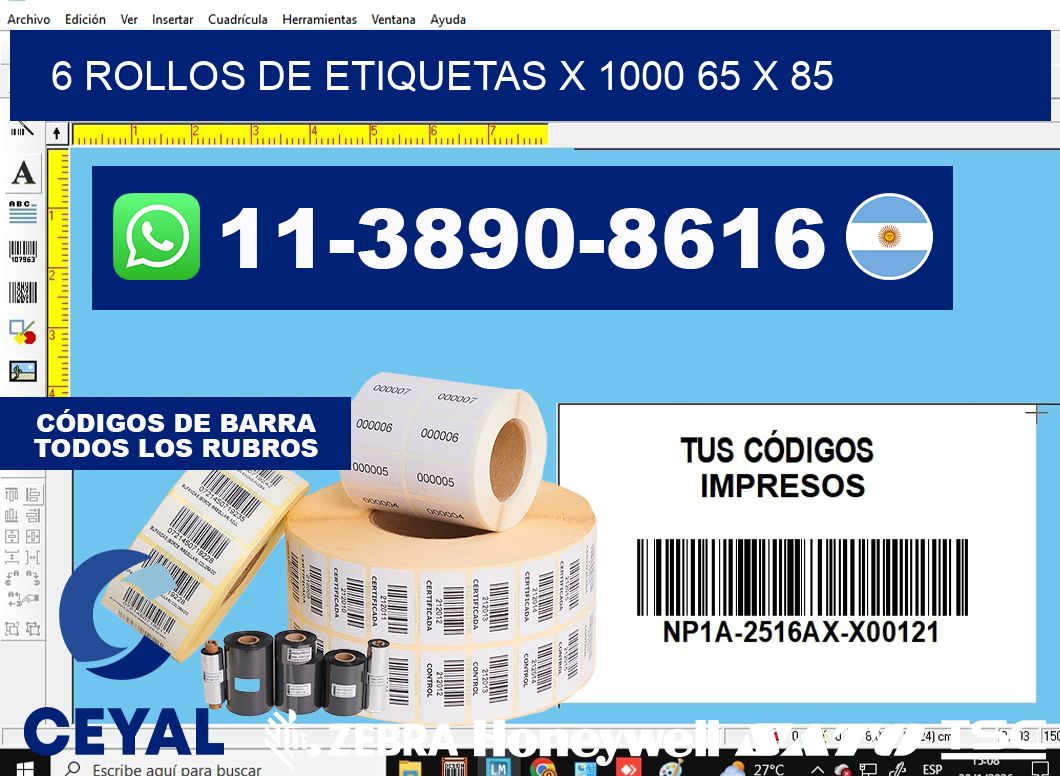 6 rollos de etiquetas x 1000 65 x 85