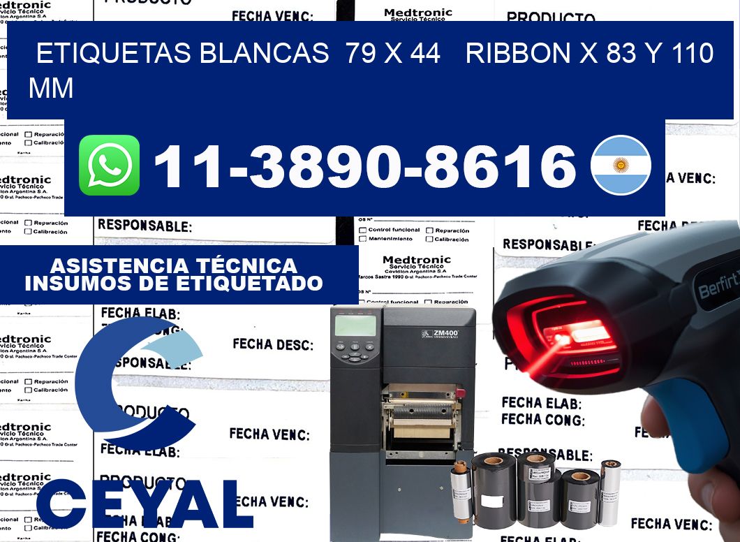 etiquetas blancas  79 x 44   ribbon x 83 y 110 mm